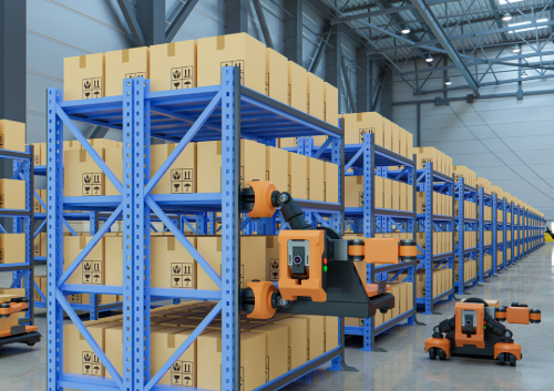 Shuttle robots moving cartons through racking in an automated warehouse.